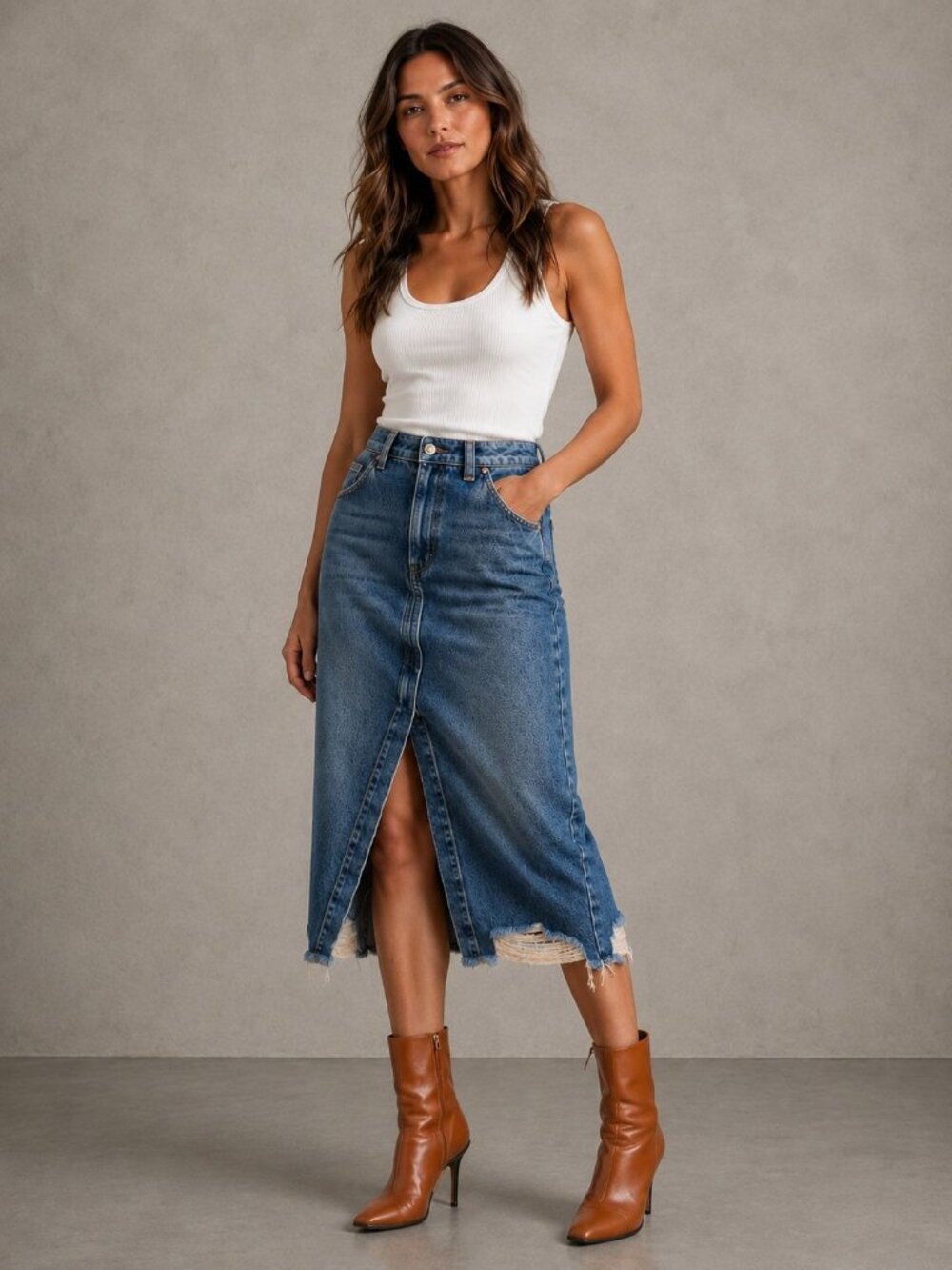 NEW ZARA Distressed Denim Midi Skirt Size Medium